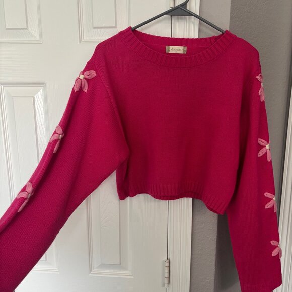 Altar'd State Pink Crop Sweater with flowers on sleeves size small - Picture 1 of 2